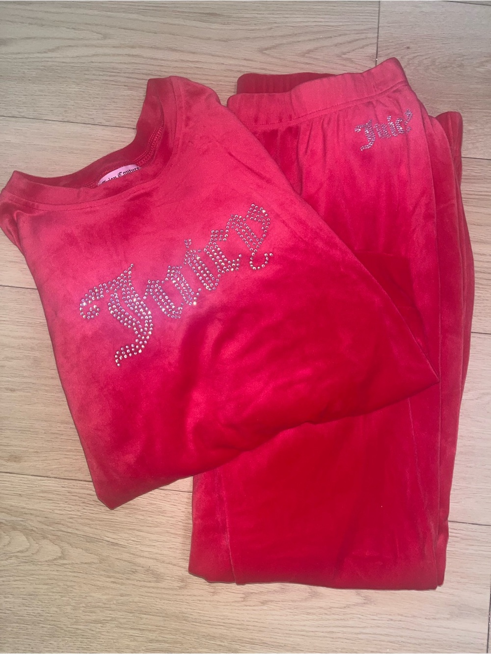 Juicy Couture Red Velour Rhinestone Logo Matching Tracksuit Set Size Small